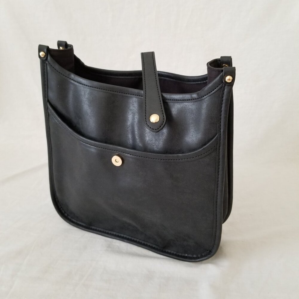 NWOT! Black Faux Leather Purse Shoulder Crossbody Bag with Embroidered Strap - Picture 7 of 12